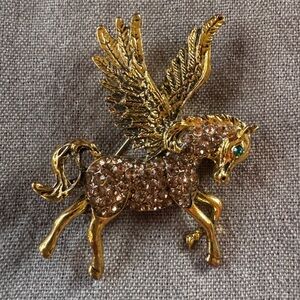 Gold Pegasus Brooch with Rhinestones & Green Crystal Eye